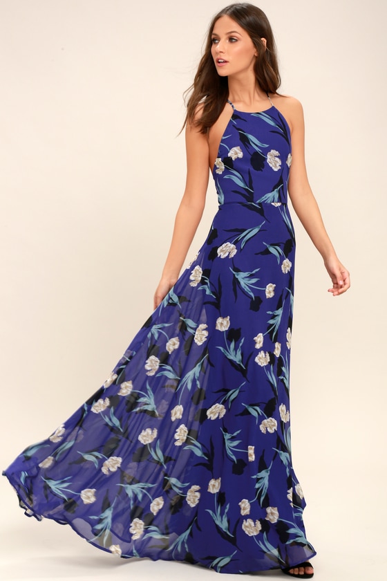 Royal Blue Floral Print Dress Lace Up Dress Maxi Dress Lulus
