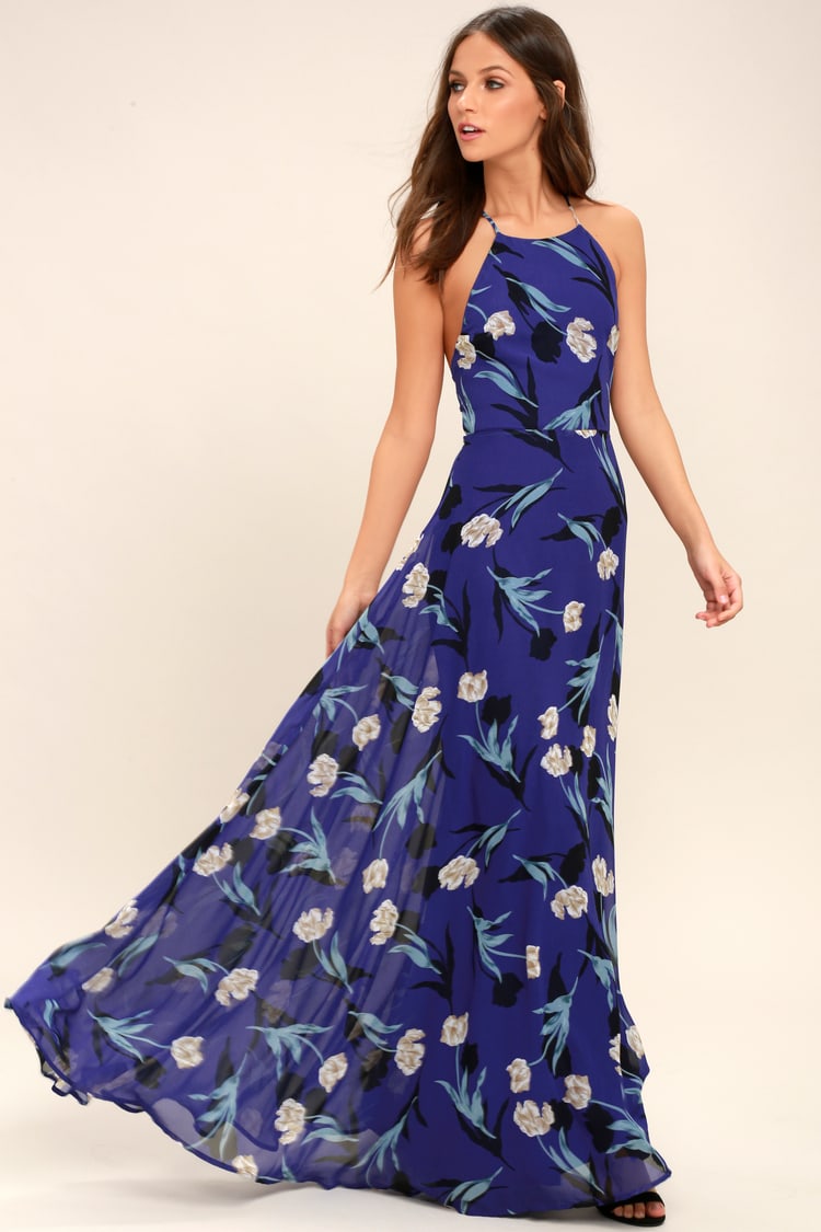 Royal Blue Floral Print Dress - Lace-Up Dress - Maxi Dress - Lulus