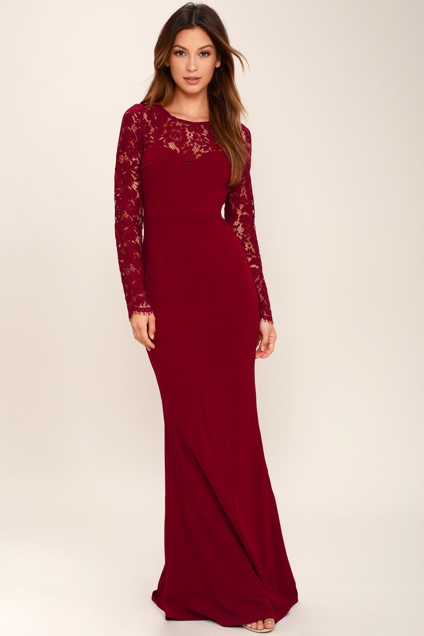 Lovely Wine Red Lace Dress - Maxi Dress - Long Sleeve Dress - Lulus