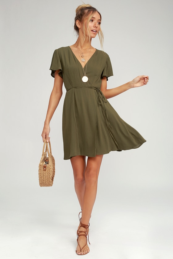 Olive Green Dress - Wrap Dress - Short Sleeve Dress - Lulus