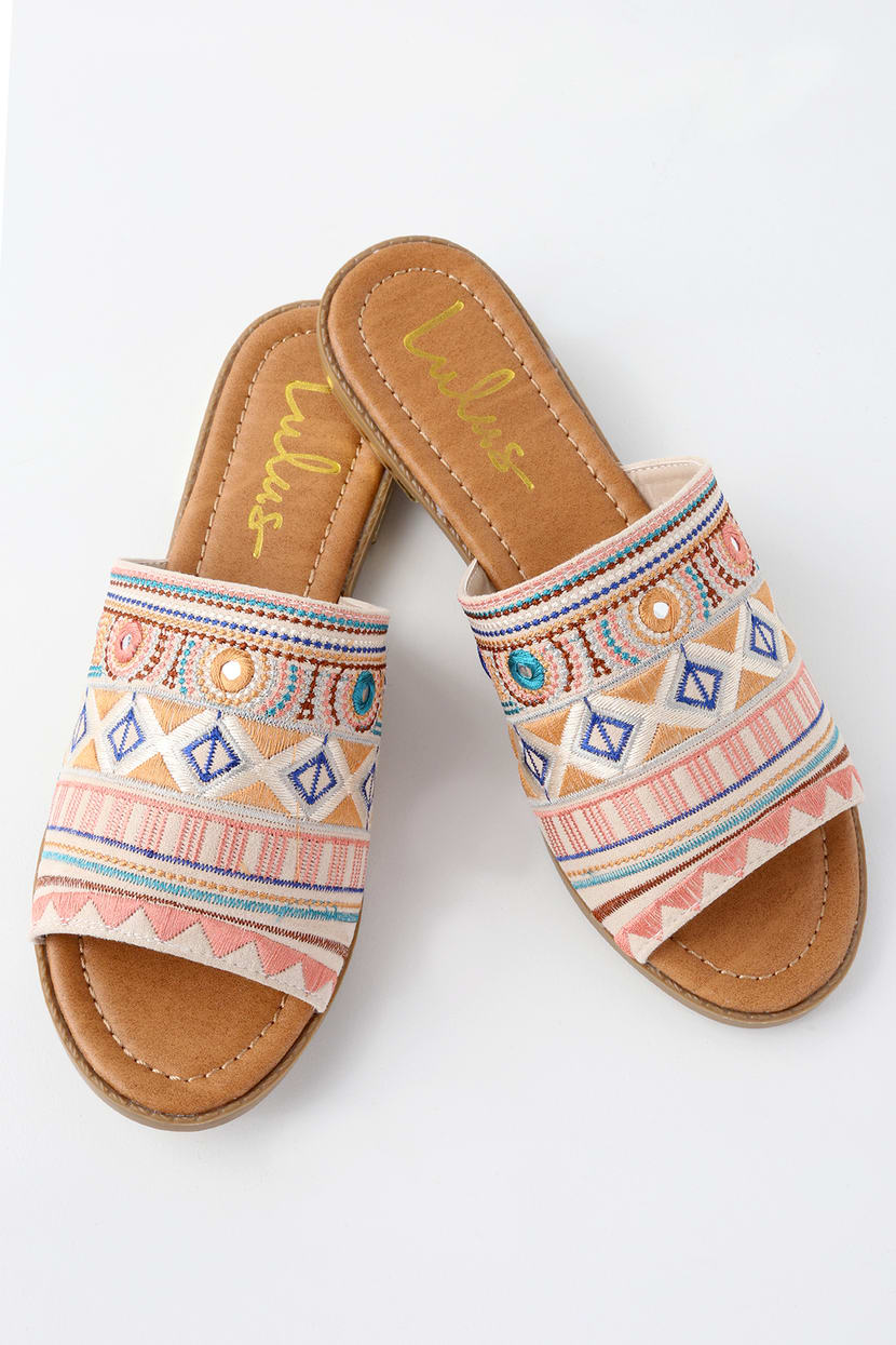 Boho Sandals - Beige Vegan Suede Slides - Embroidered Slides - Slide Sandals  - $20.00 - Lulus
