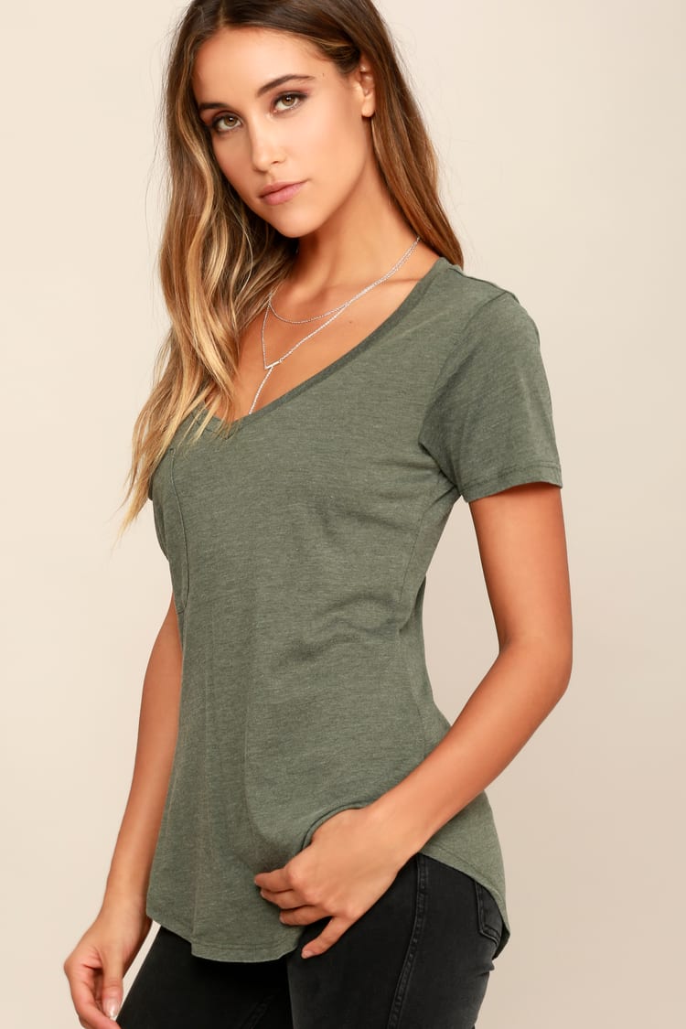 Olive Green Top - Short Sleeve Shirt - T-Shirt - V-Neck Top - Lulus