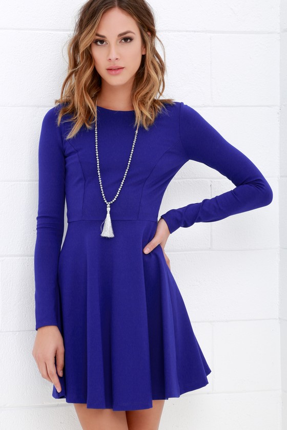 blue long sleeve skater dress