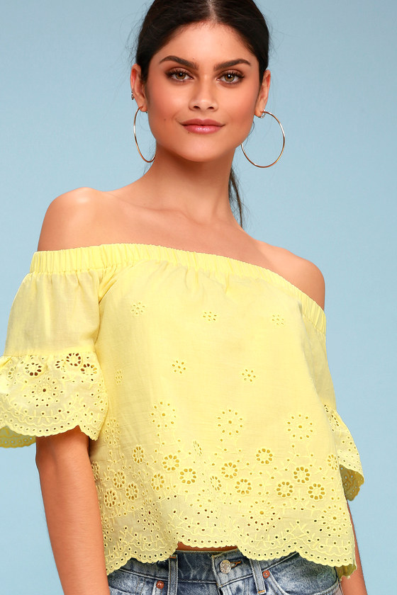 Cute Yellow Top - Eyelet Top - OTS Top - Embroidered Top - Lulus