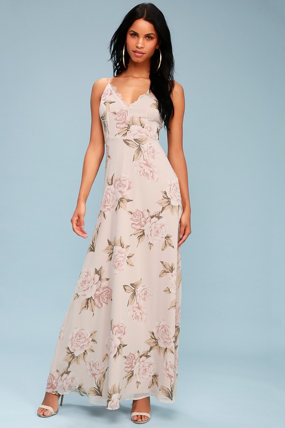 Lovely Taupe Floral Print Dress - Floral Maxi Dress - Lulus