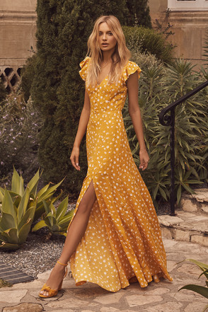 Lovely Mustard Yellow Floral Print Dress - Floral Maxi Dress - Lulus