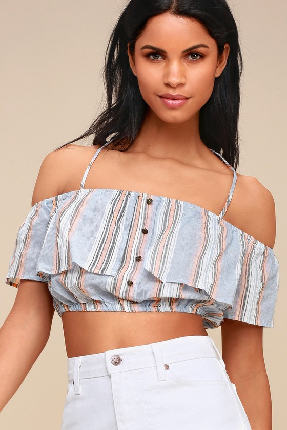 Cute Blue And Peach Striped Top Off The Shoulder Crop Top Lulus