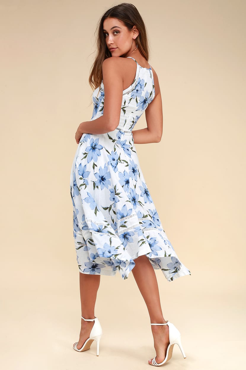 Lovely Blue and White Dress - Floral Print Dress -Midi Dress - Lulus