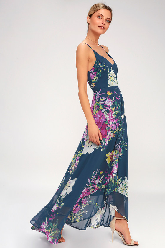 Lovely Teal Blue Floral Print Dress - Floral Maxi Dress - Lulus