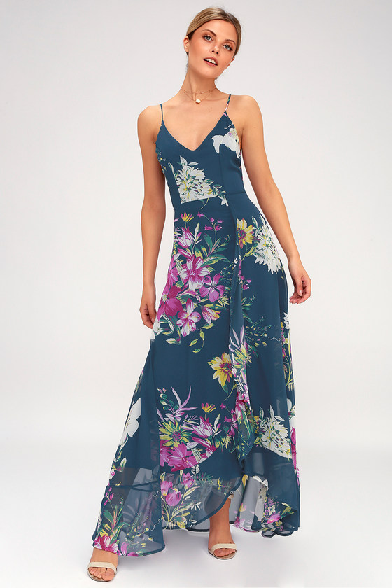 Lovely Teal Blue Floral Print Dress - Floral Maxi Dress