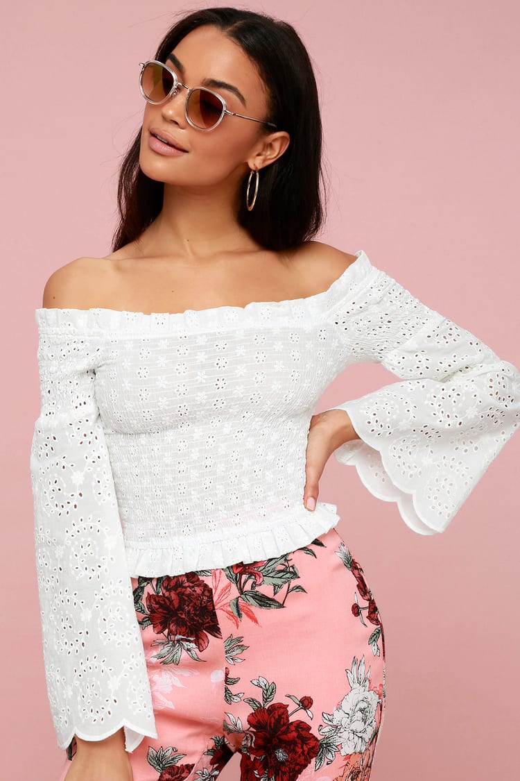 Cute Lace Top - Long Sleeve Top - Smocked Top - White Top - Lulus