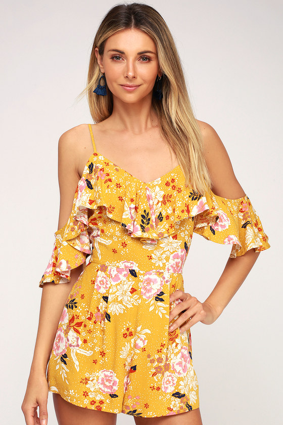 Mustard Yellow Floral Print Romper Off The Shoulder Romper Lulus 8023