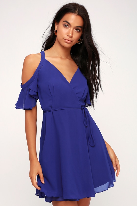 Stunning Blue Dress - Wrap Dress - Off-the-Shoulder Dress - Lulus