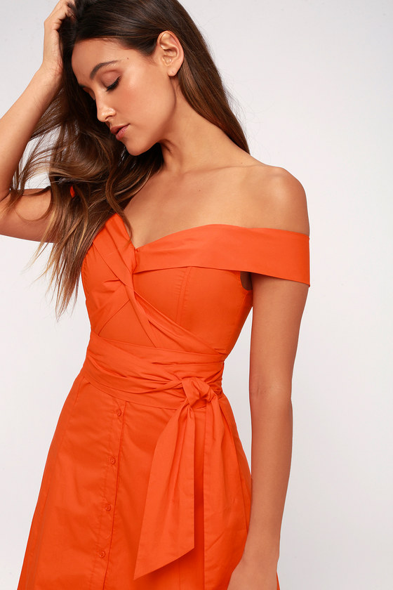 Brittany Orange Off-the-Shoulder Midi Dress