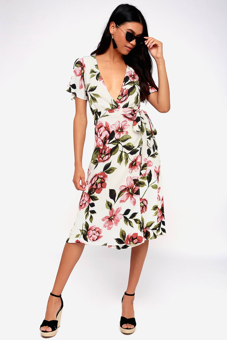 Cream Floral Print Dress - Wrap Dress - Midi Dress - Lulus