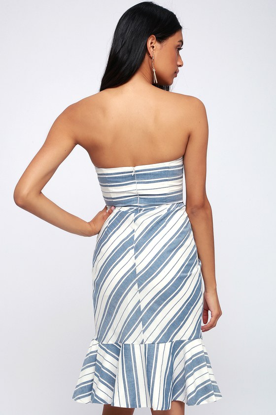 Blue and white striped strapless dress sale