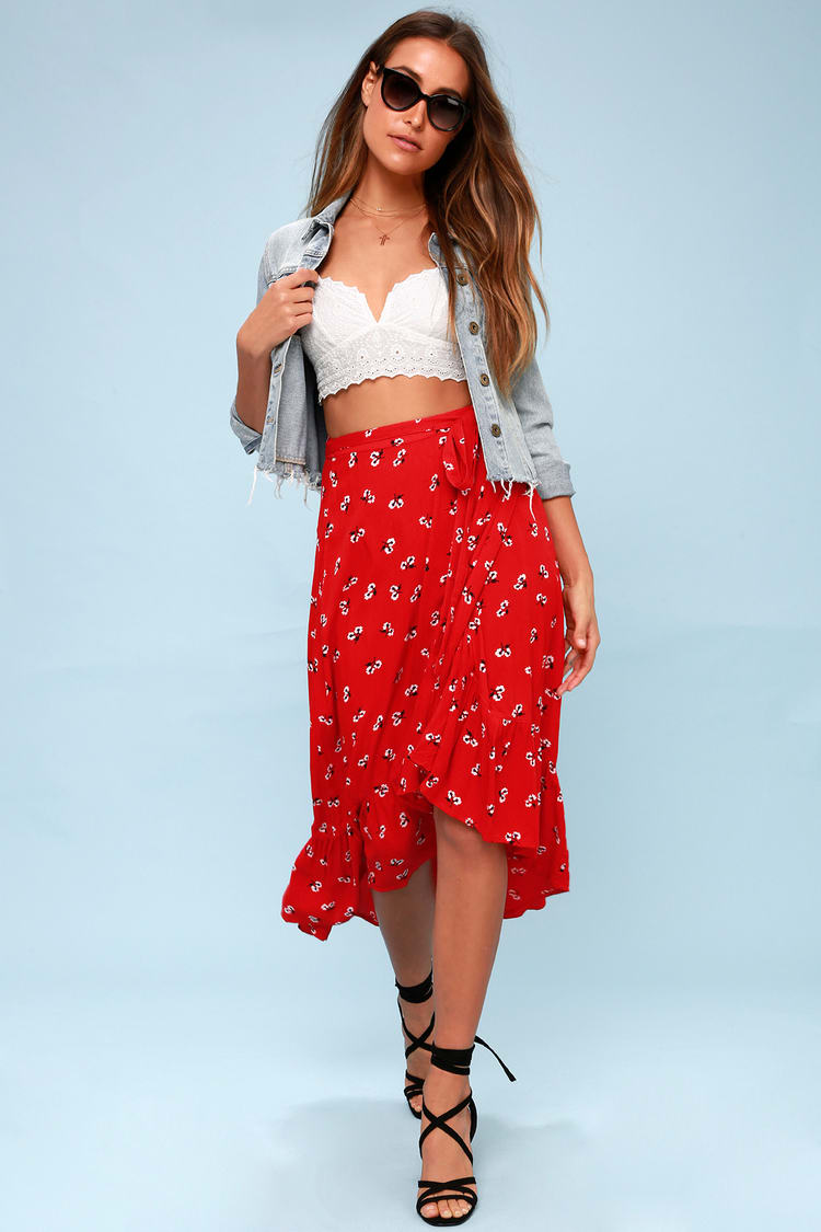 Billabong Dancing Til Dawn - Red Floral Print Wrap Skirt - Lulus