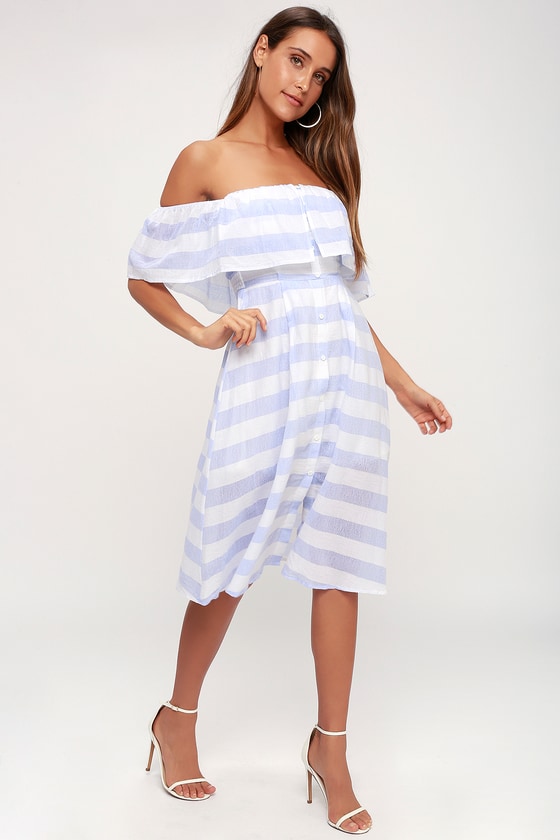 Blue and Ivory Striped Dress - Off-the-Shoulder Midi Dress - Lulus