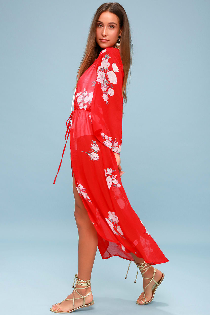 Fun Swim Cover-Up - Red Floral Swim Cover-Up - Red Kimono Top - Lulus