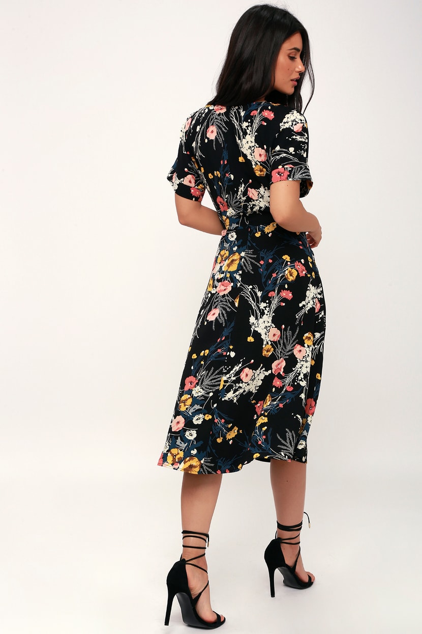 Chic Black Dress - Floral Print Dress - Short Sleeve Midi Dress - Lulus