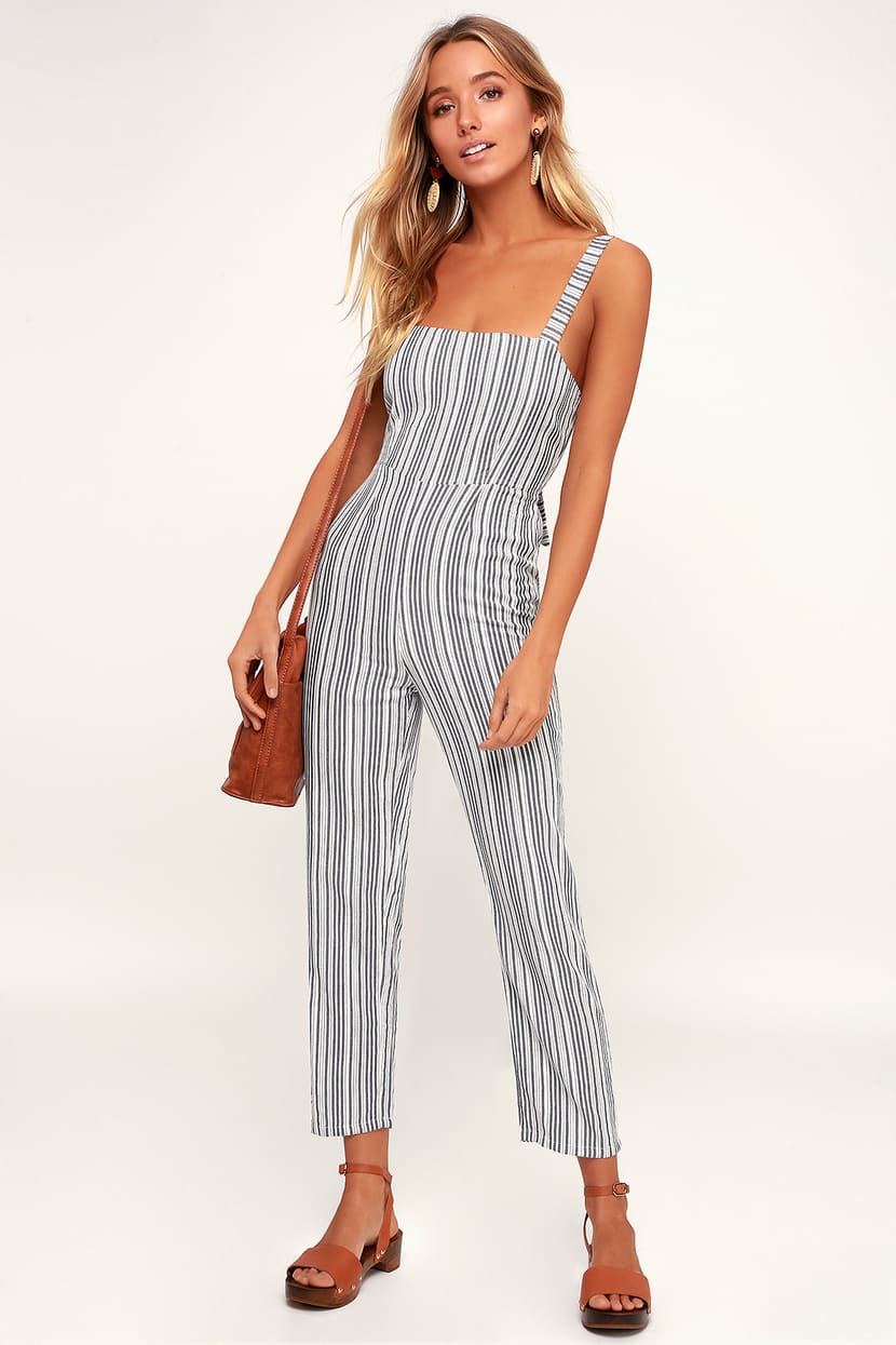 Amuse Society Lookout - White and Grey Striped Tie-Back Jumpsuit - Lulus