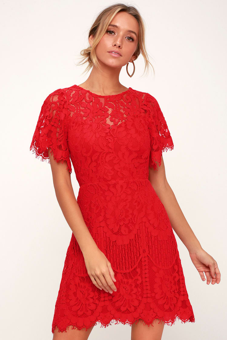 Lovely Red Dress - Lace Dress - Short Sleeve Dress - Red Sheath - Lulus
