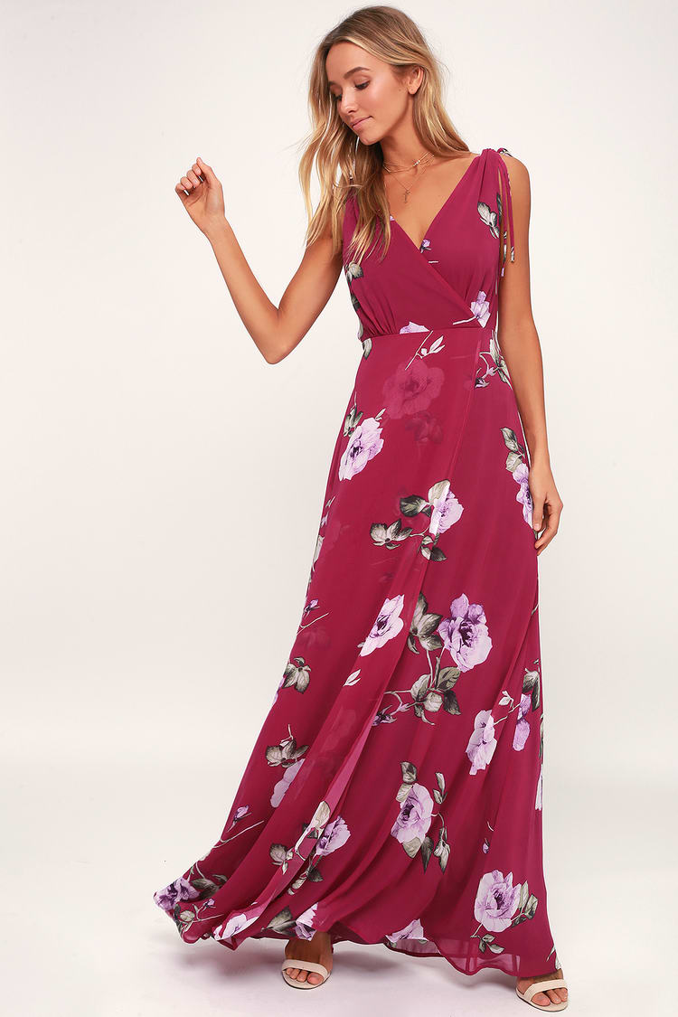 Magenta Floral Print Dress - Organza Maxi Gown - Plunge Dress - Lulus