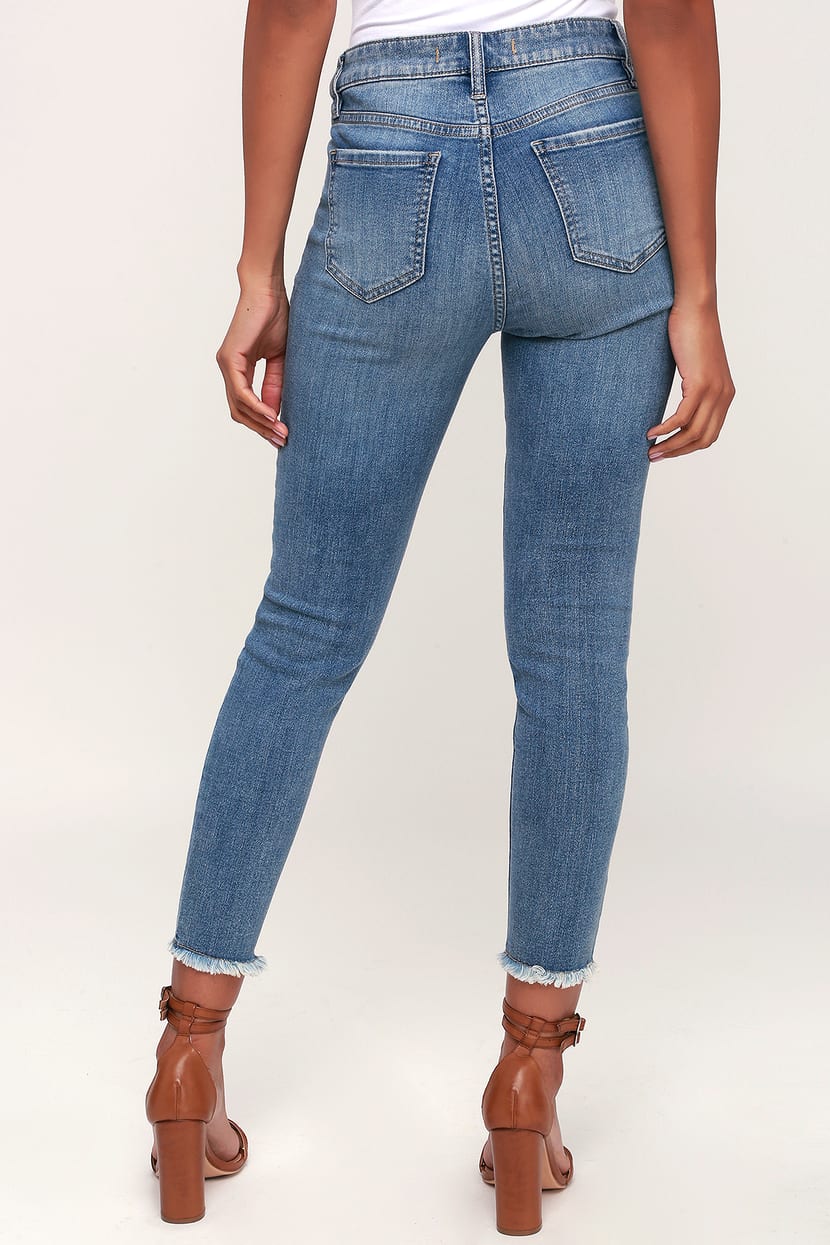 Cute Medium Blue Jeans - Distressed Jeans - High Waisted Jeans - Lulus