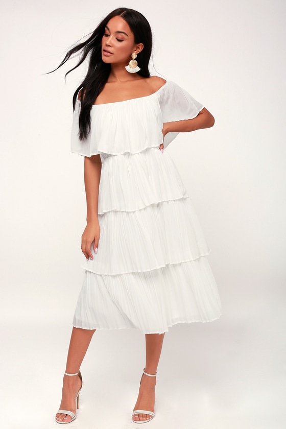 Chic White Dress - Midi Dress - OTS Dress - White Ruffle Dress - Lulus