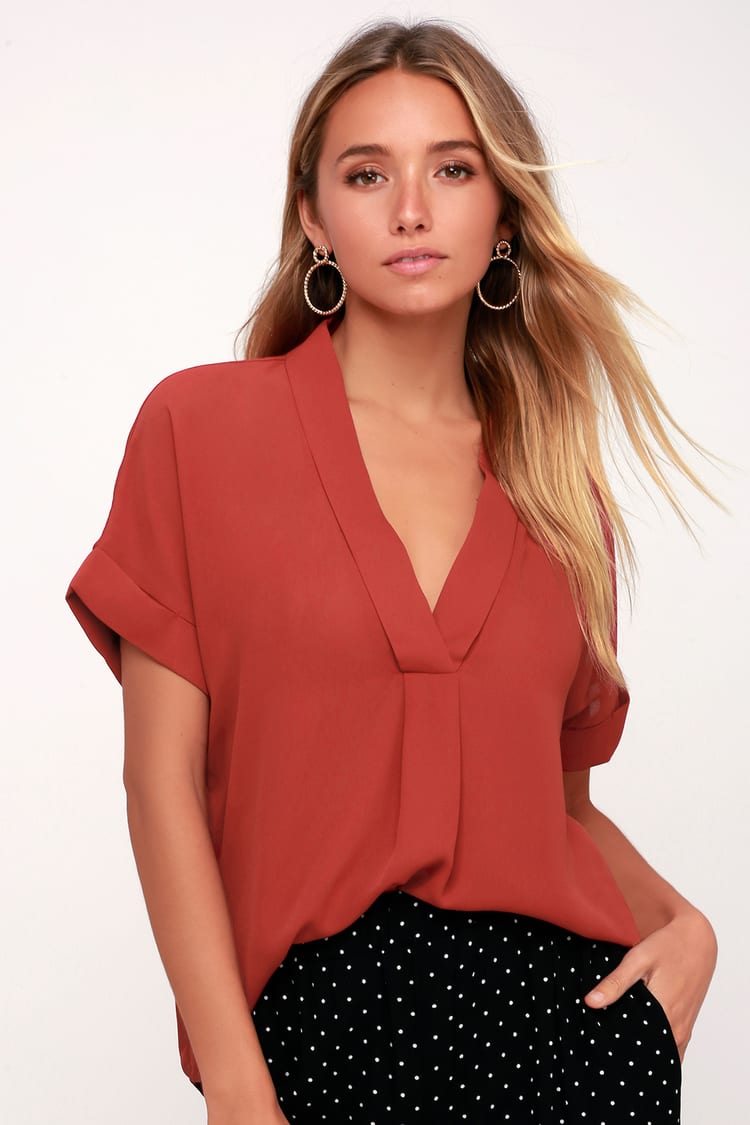 Classic Rust Brown Top - Button-Up Top - Short Sleeve Top - Top - Lulus