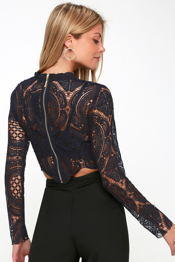 navy blue lace top long sleeve