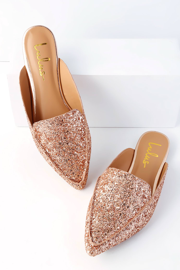 Chic Rose Gold Glitter Loafer Slides - Slip-On Loafers - Flats - Lulus