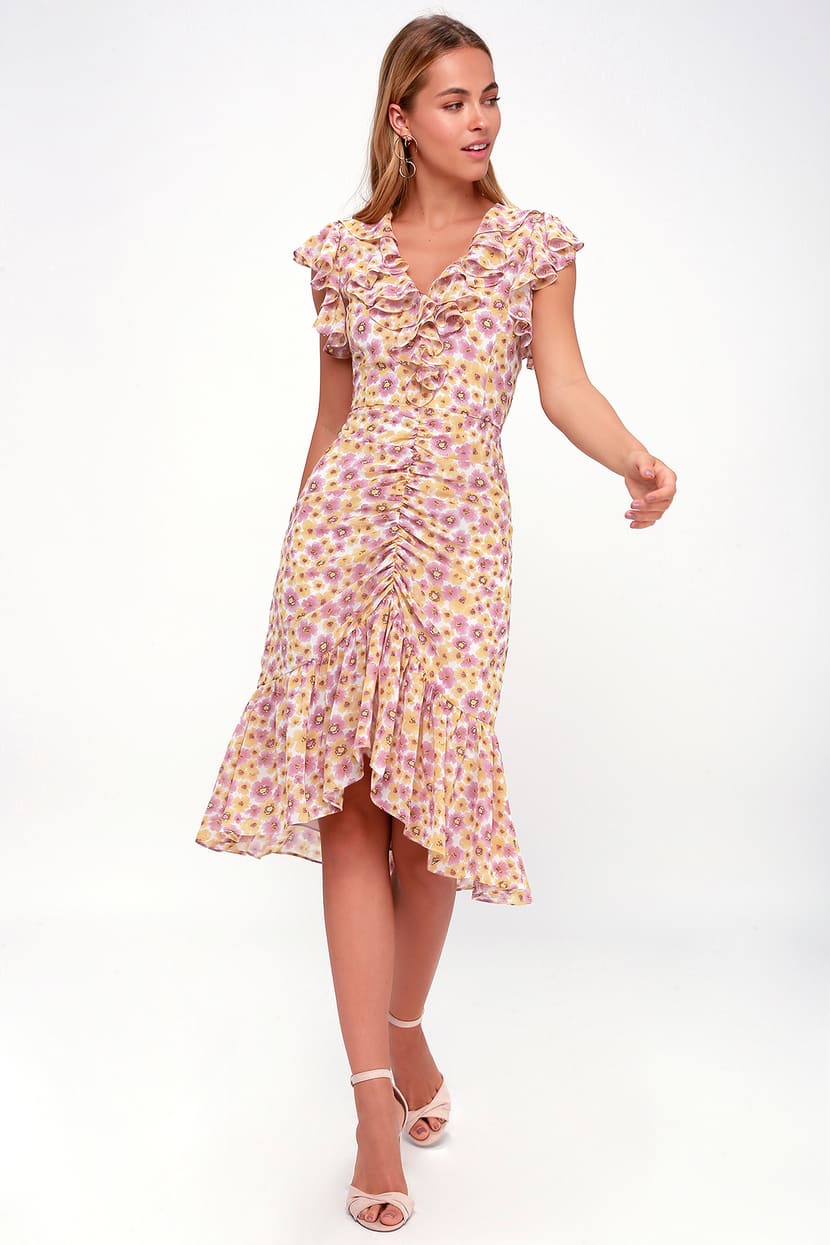 WAYF Daphne - Floral Print Midi Dress - Yellow and Pink Dress - Lulus
