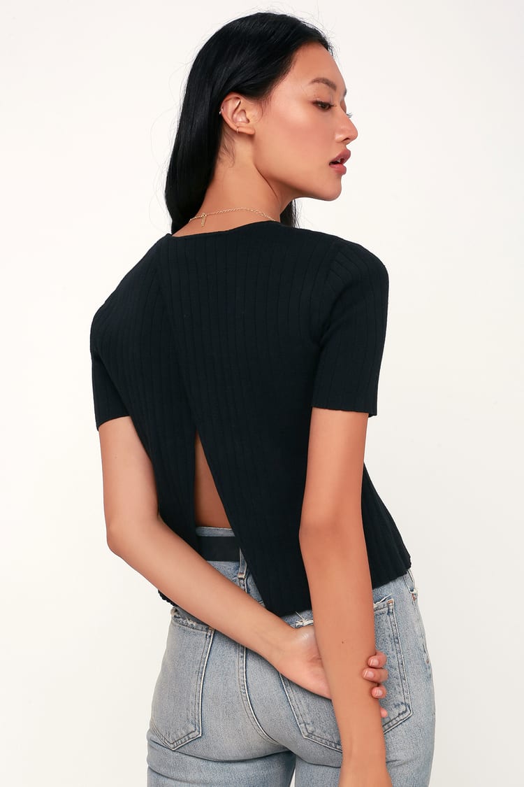 Chic Black Sweater Top - Ribbed Knit Crop Top - Split Back Top - Lulus