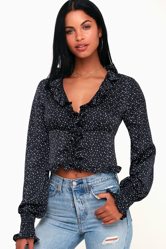 Chic Black Polka Dot Top - Black Ruffled Long Sleeve Top - Lulus