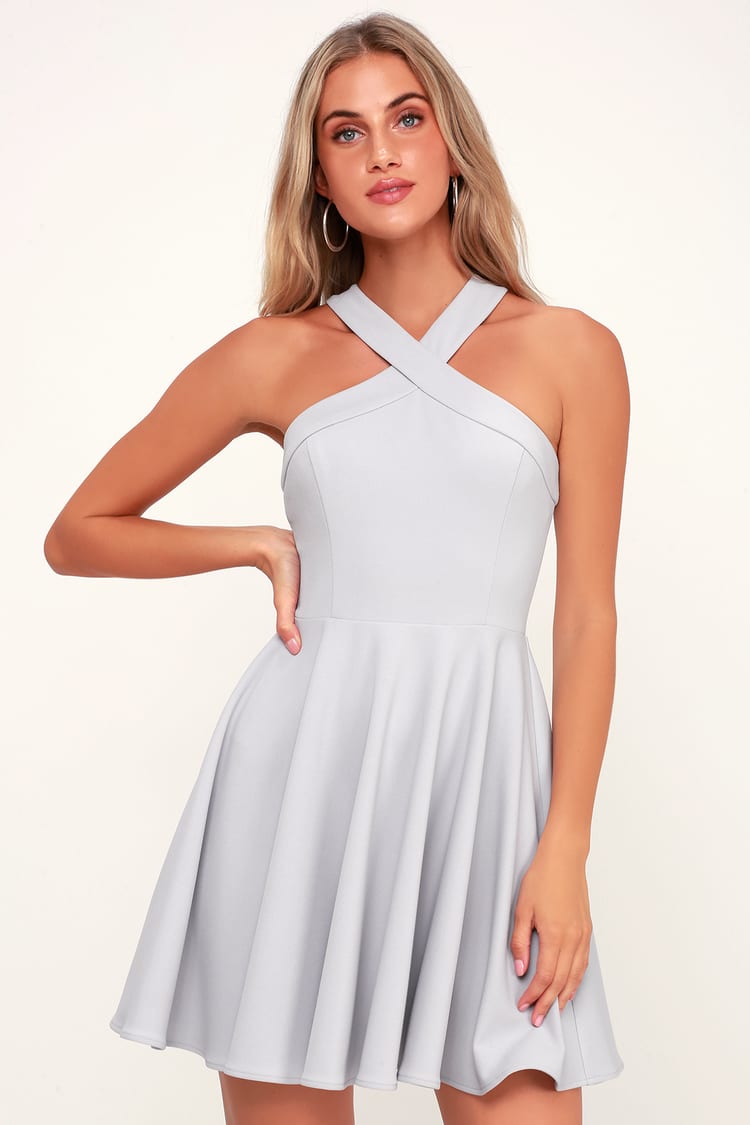 Chic Light Grey Dress - Skater Dress - Halter Dress - Short Dress - Lulus