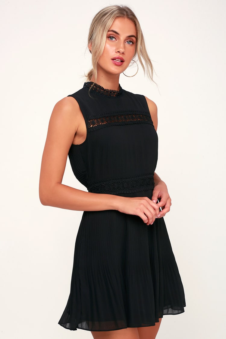 Cute Black Dress - Lace Dress - Pleated Dress - Skater Dress - Lulus