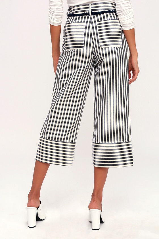 Moon River Chester - Navy Blue Striped Pants - Cropped Pants