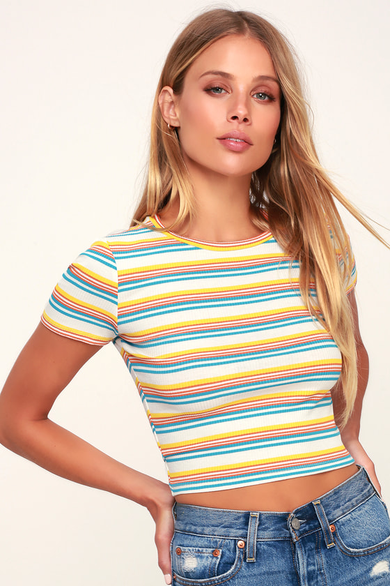 Step by Step White Multi Stripe Ribbed Crop Top