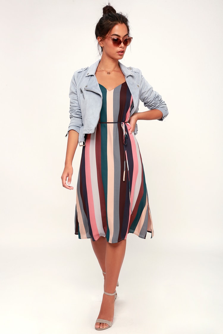 Cute Striped Slip Dress - Midi Dress - Mauve Multi Stripe Dress - Lulus