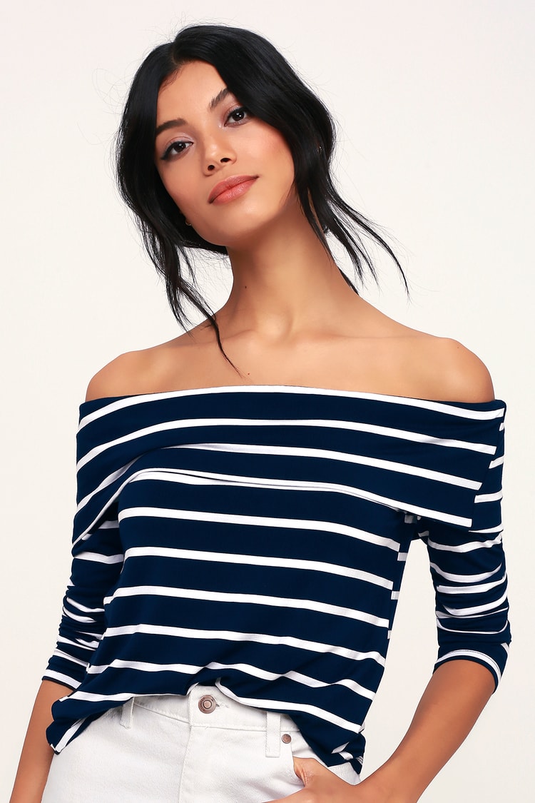 Cute Navy Blue Striped Top - Off-the-Shoulder Top - Basic Top - Lulus