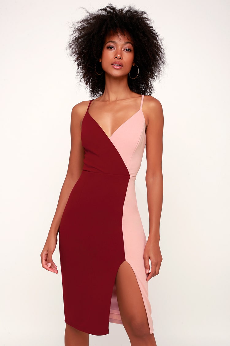 Burgundy and Pink Dress - Pink Bodycon Dress - Two-Tone Dress - Lulus