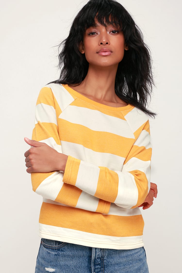 Amuse Society Salt Air - Mustard Yellow Striped Sweatshirt - Lulus