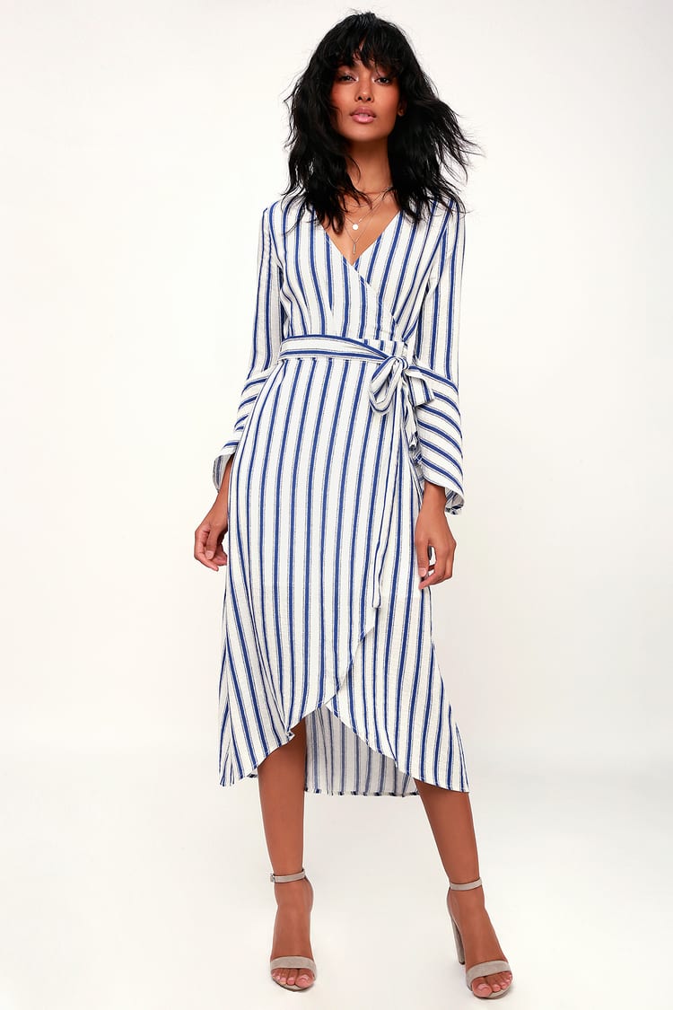 Blue and White Striped Dress - Wrap Midi Dress - Flounce Sleeve - Lulus