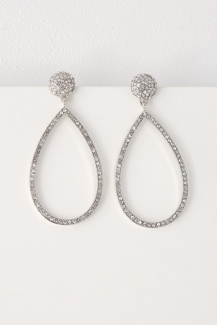 Shining Silver Earrings - Rhinestone Earrings - Teardrop Earrings - Lulus