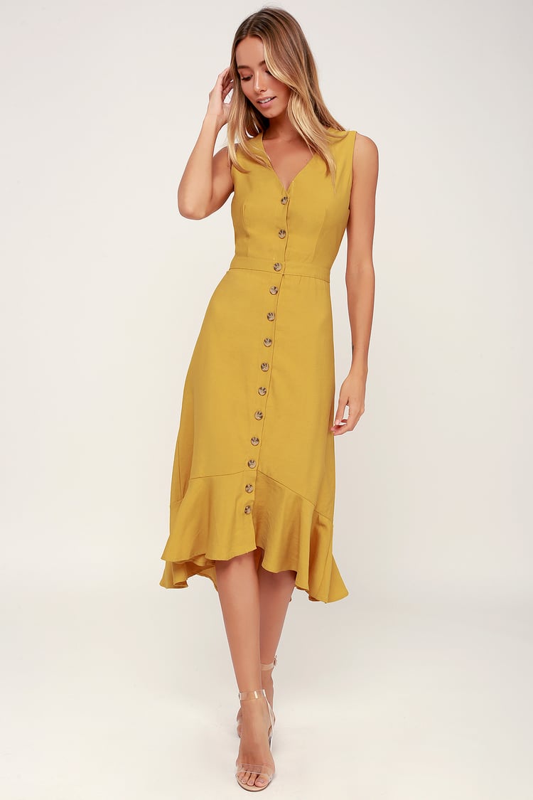 Cute Yellow Midi Dress - Sleeveless Dress - Ruffle Dress - Lulus