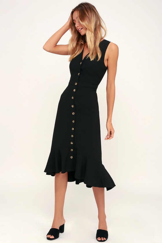 button front midi dress black