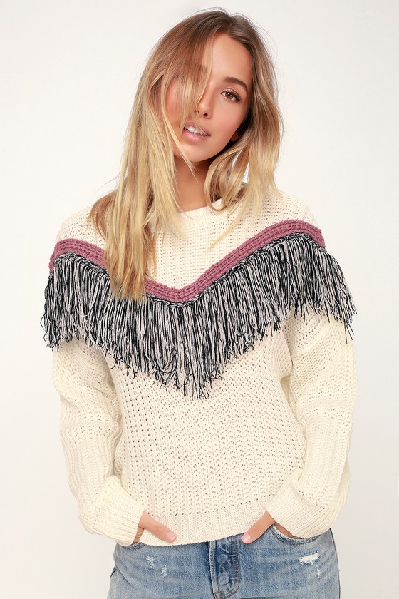 Phenomenon Cream Fringe Knit Sweater