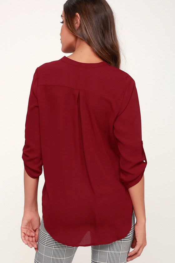 Cute Dark Red Top - Woven Top - Red Long Sleeve Top