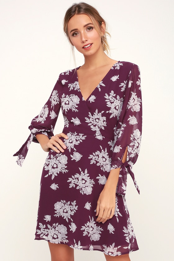 Cute Purple Floral Print Dress - Long Sleeve Dress - Skater Dress - Lulus